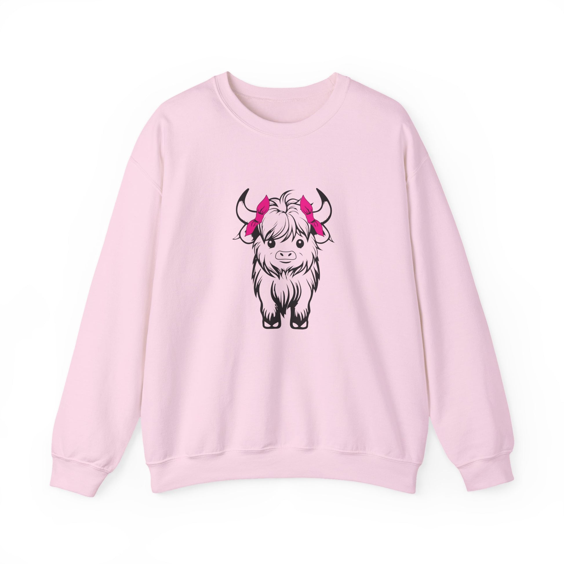 Highland Cow Crewneck Sweatshirt — Cute Yak Illustration with Pink Horns Printify