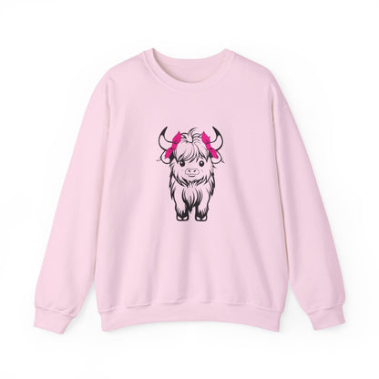 Highland Cow Crewneck Sweatshirt — Cute Yak Illustration with Pink Horns Printify