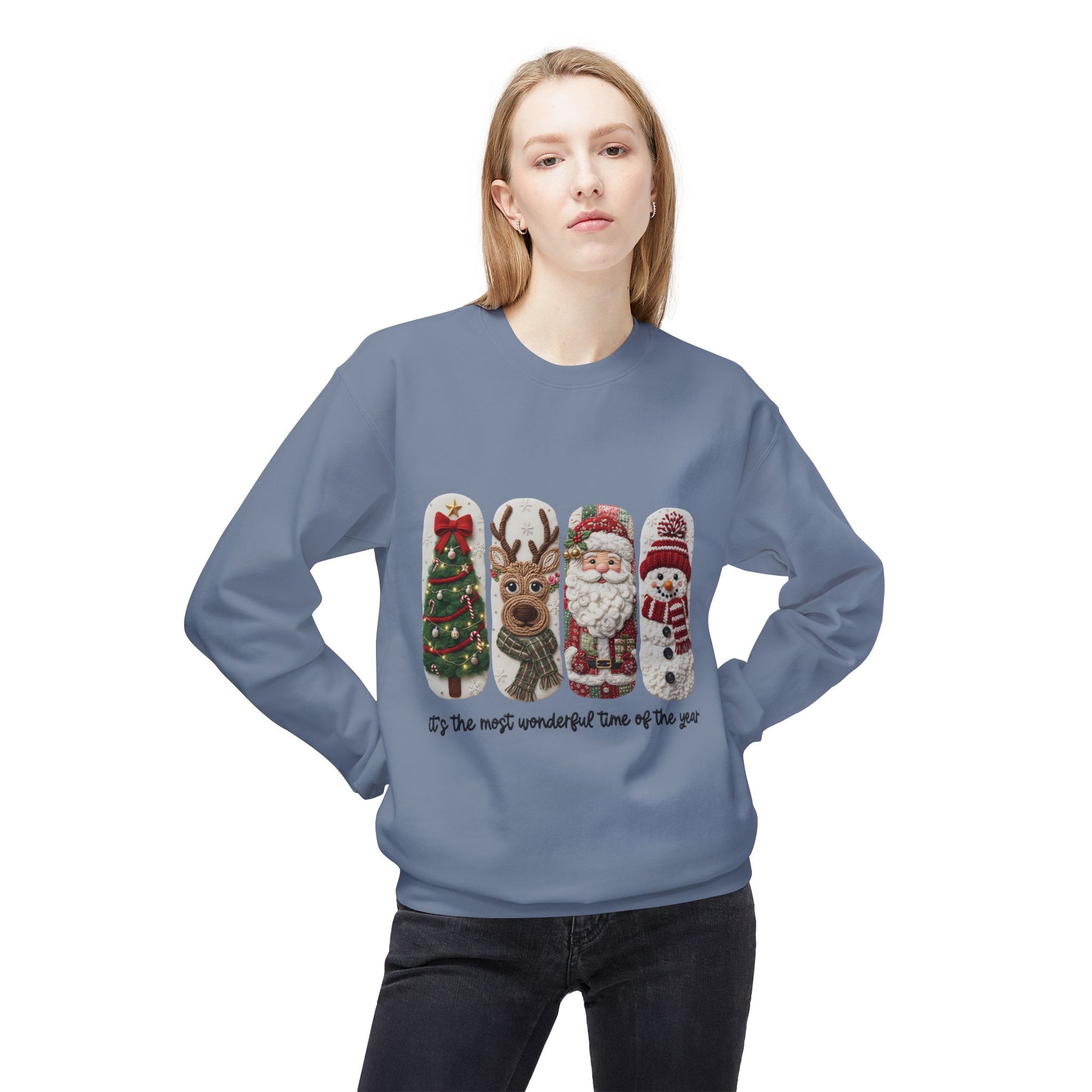 Christmas Crewneck Sweatshirt — Festive Tree Reindeer Santa Snowman Design Printify