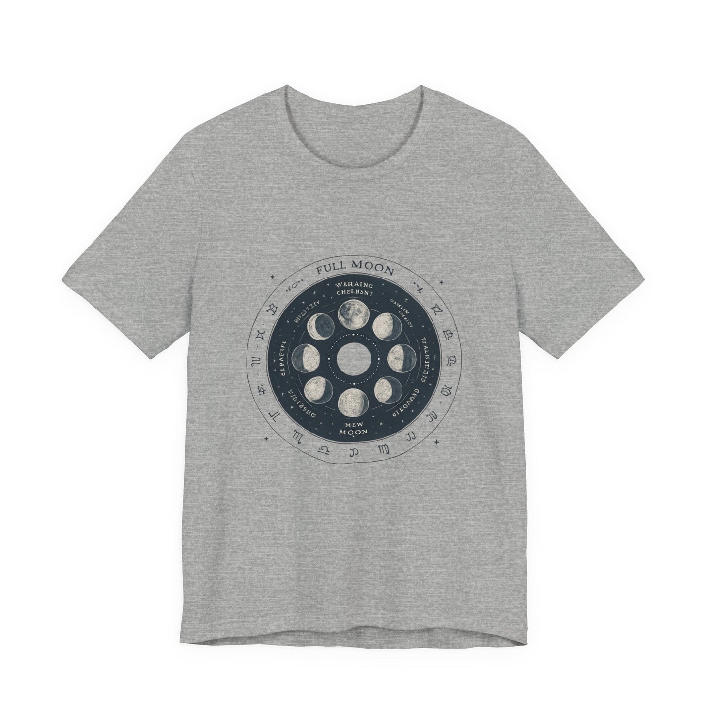 Moon Phases T-Shirt — Illustrated Lunar Cycle Tee (Full Moon, New Moon & Zodiac Icons) Printify