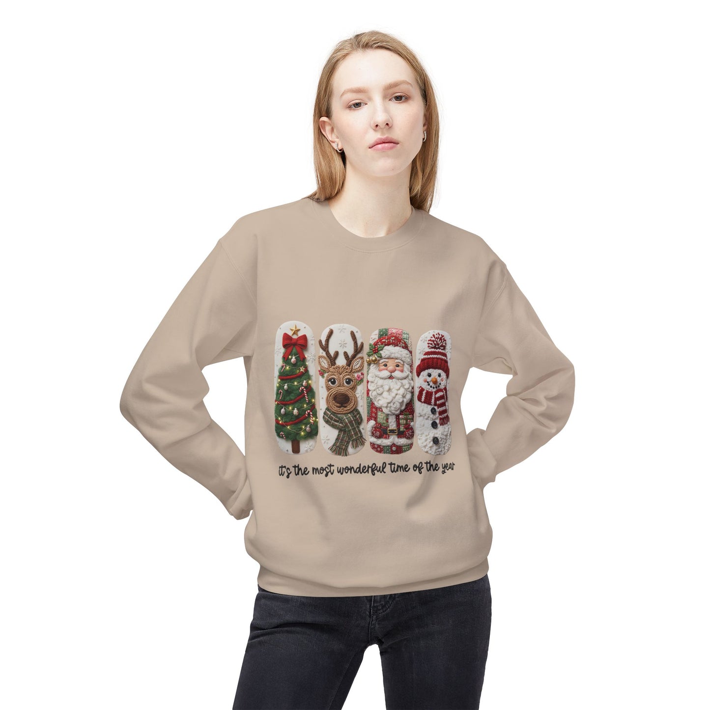 Christmas Crewneck Sweatshirt — Festive Tree Reindeer Santa Snowman Design Printify
