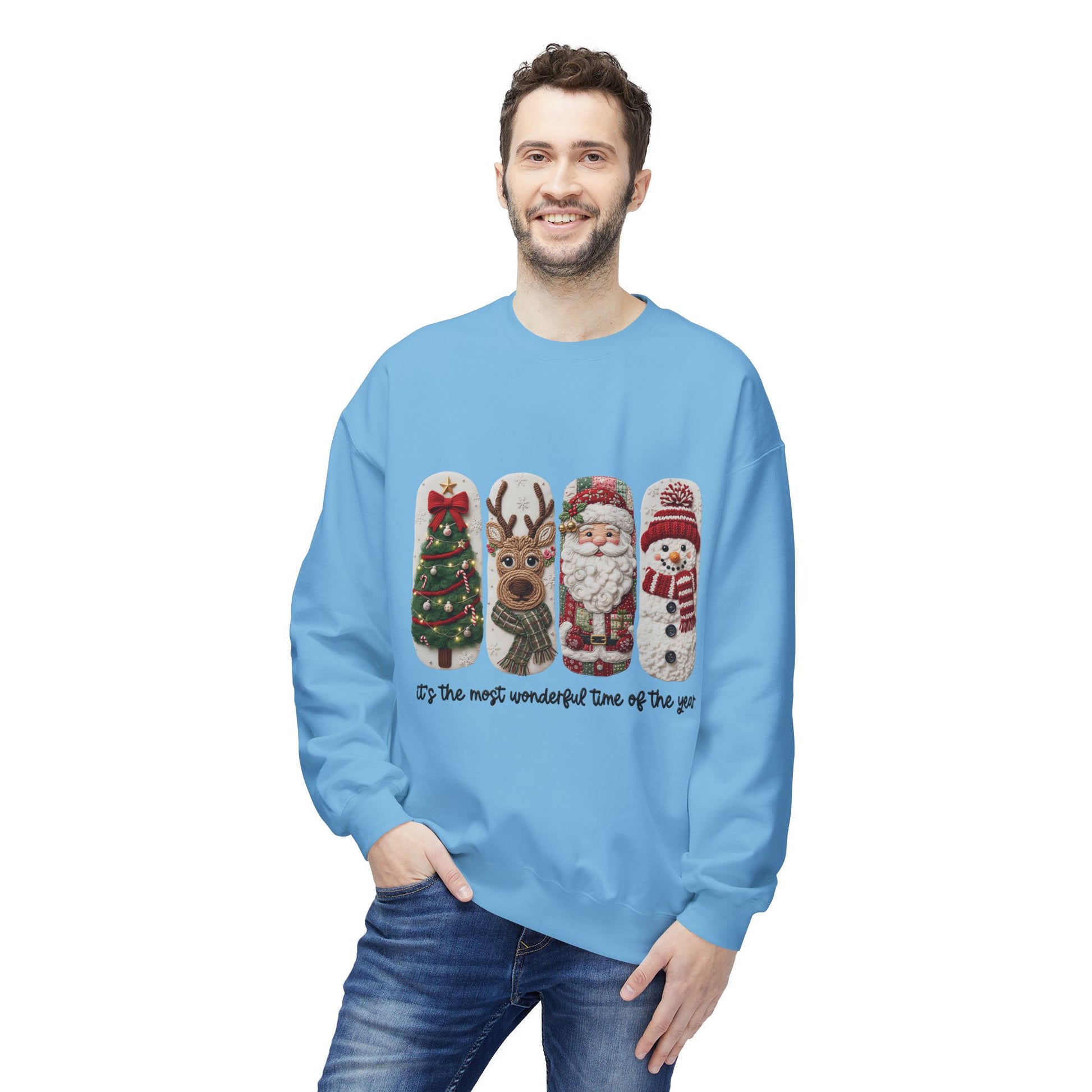 Christmas Crewneck Sweatshirt — Festive Tree Reindeer Santa Snowman Design Printify