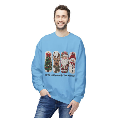 Christmas Crewneck Sweatshirt — Festive Tree Reindeer Santa Snowman Design Printify