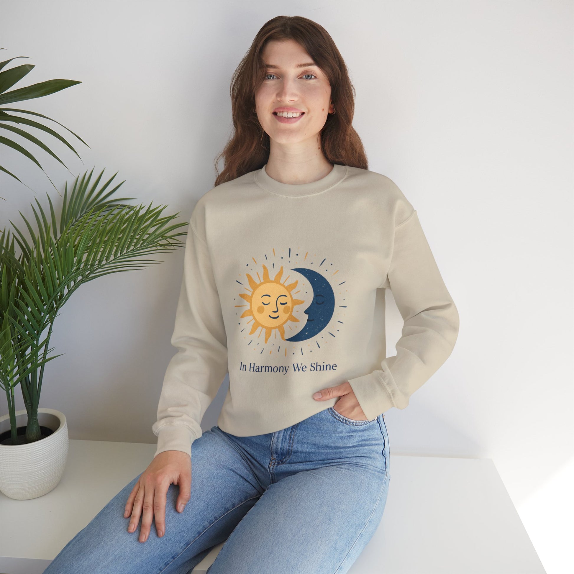 Sun and Moon Crewneck Sweatshirt — "In Harmony We Shine" Cozy Astrology Pullover Printify