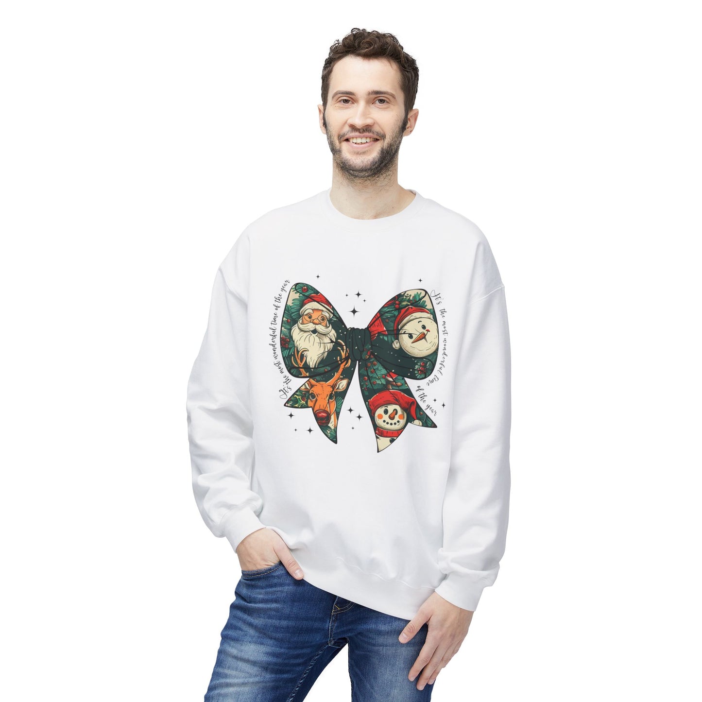 Christmas Bow Sweatshirt — Vintage Santa & Snowman Holiday Crewneck Printify