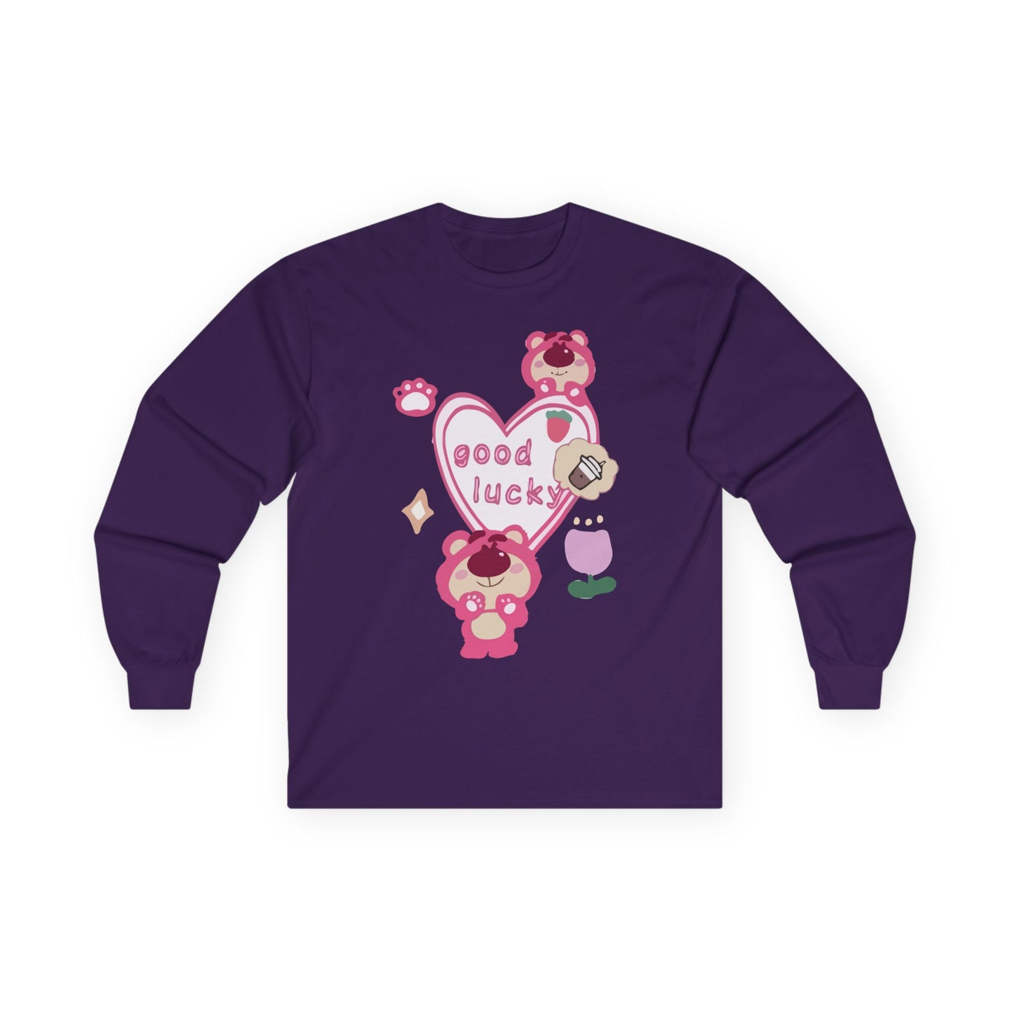 Good Lucky Heart Long Sleeve Tee — Cute Pink Bear Lucky Charm Shirt Printify