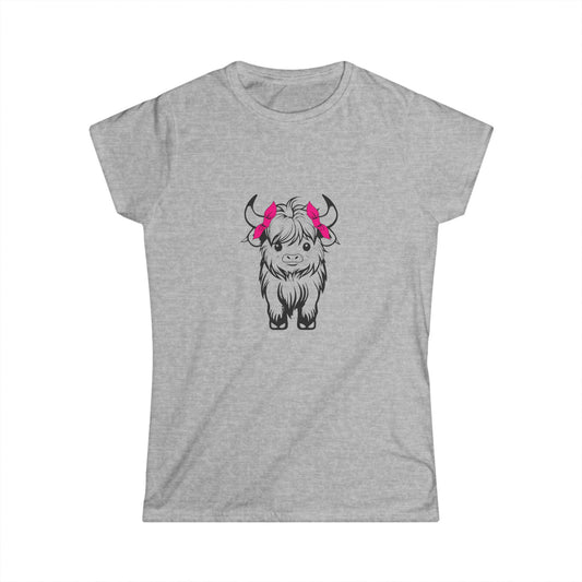 Highland Cow Tee — Cute Yak Illustration Women's T-Shirt with Pink Horn Bows Printify