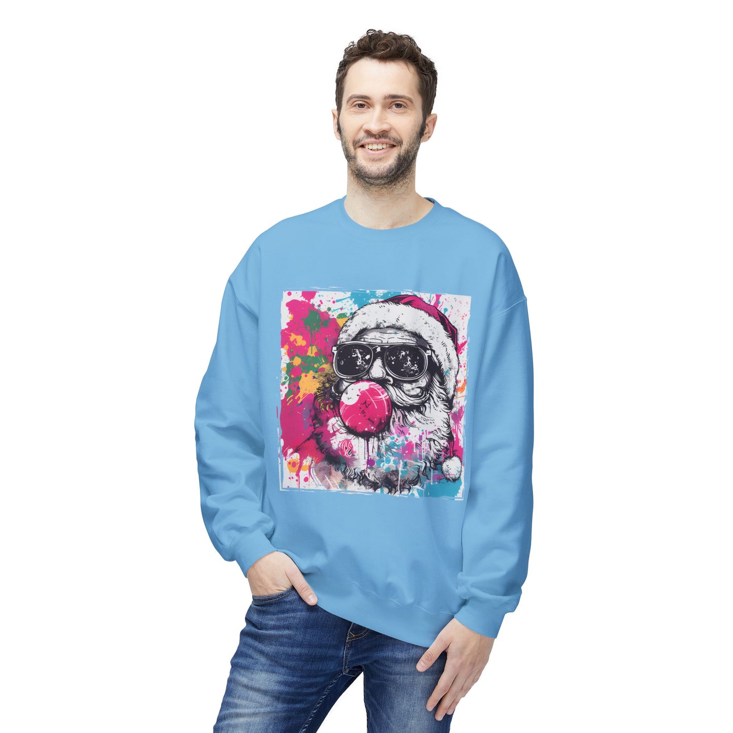 Skull Santa Bubblegum Sweatshirt – Colorful Holiday Graphic Crewneck Printify