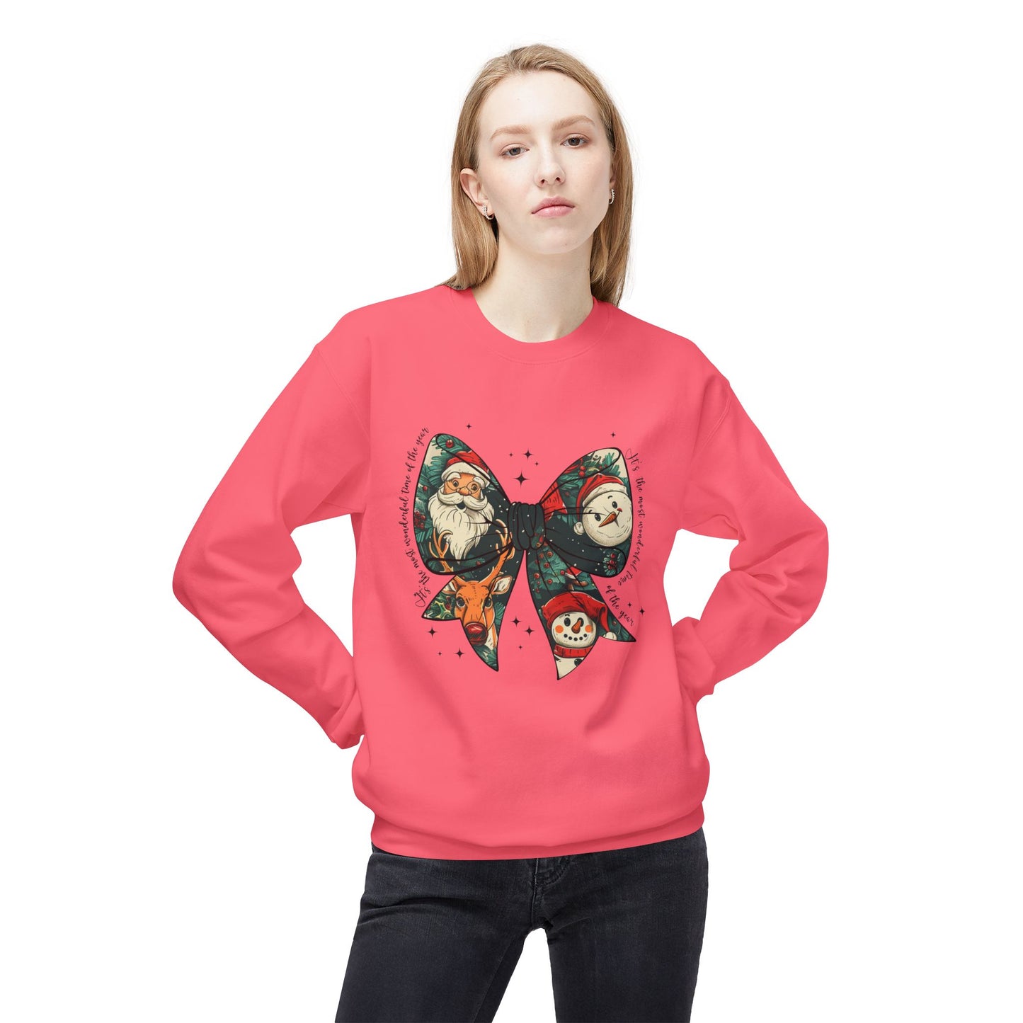 Christmas Bow Sweatshirt — Vintage Santa & Snowman Holiday Crewneck Printify