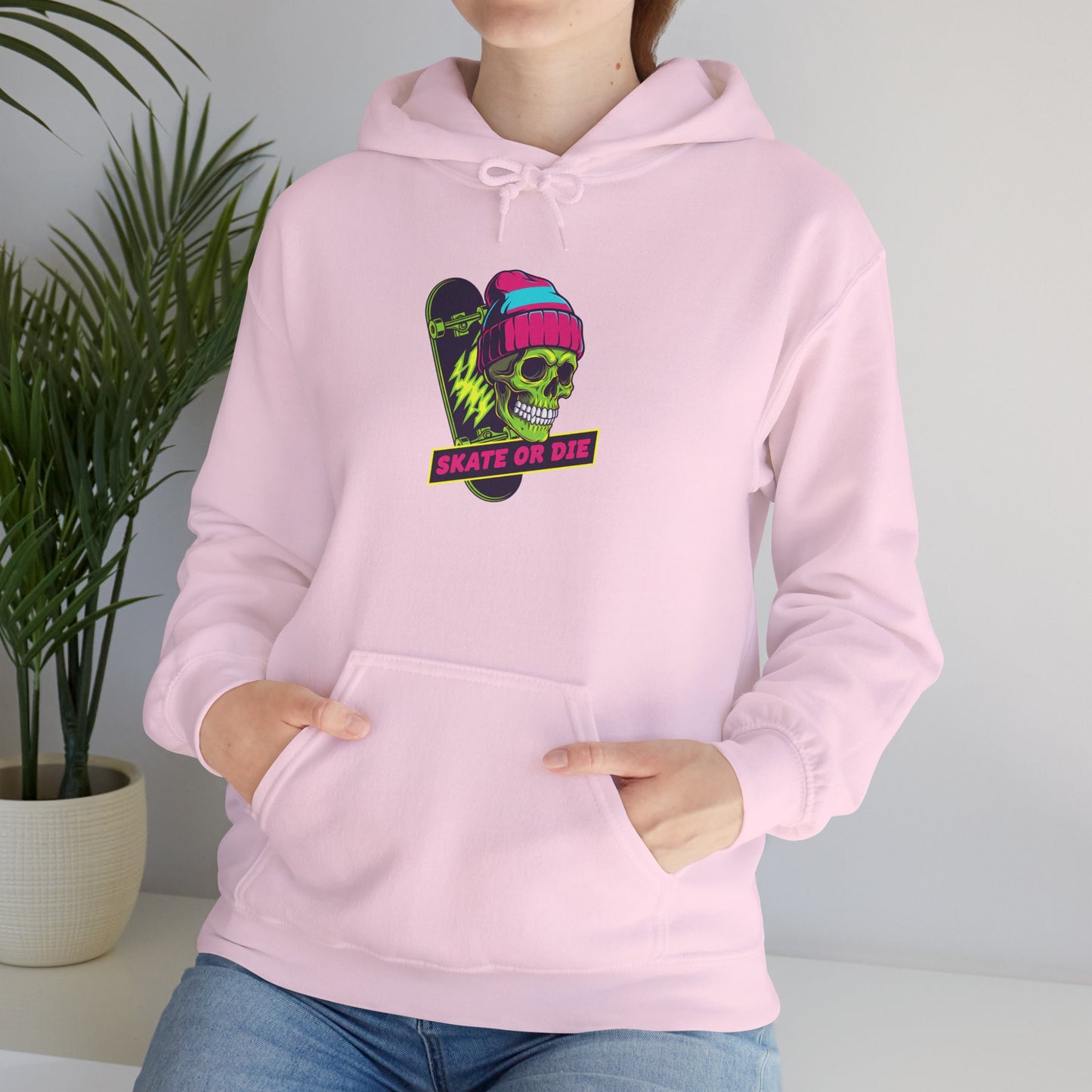 Skate or Die Skull Skateboard Hoodie — Neon Retro Skull Beanie Design Printify