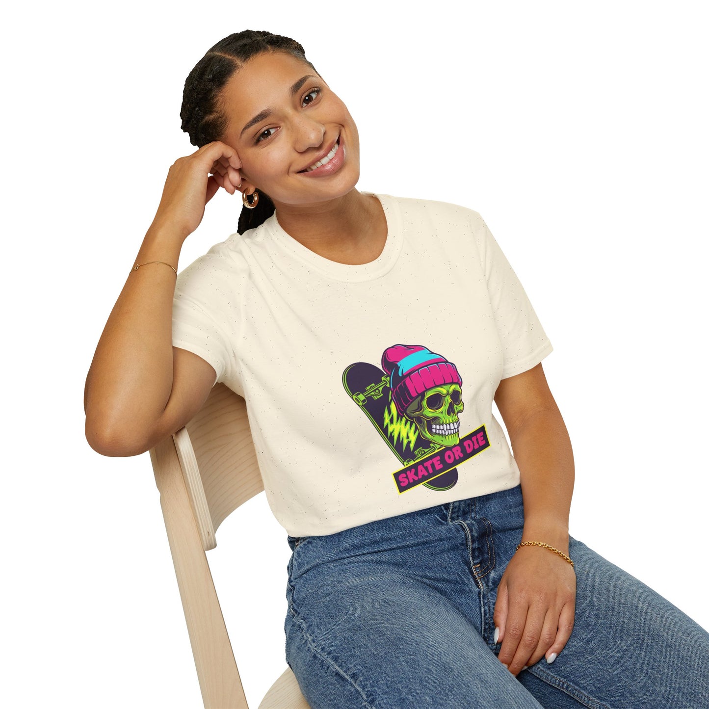 Skate or Die Skull T-Shirt — Neon Skateboard Graphic Tee Printify