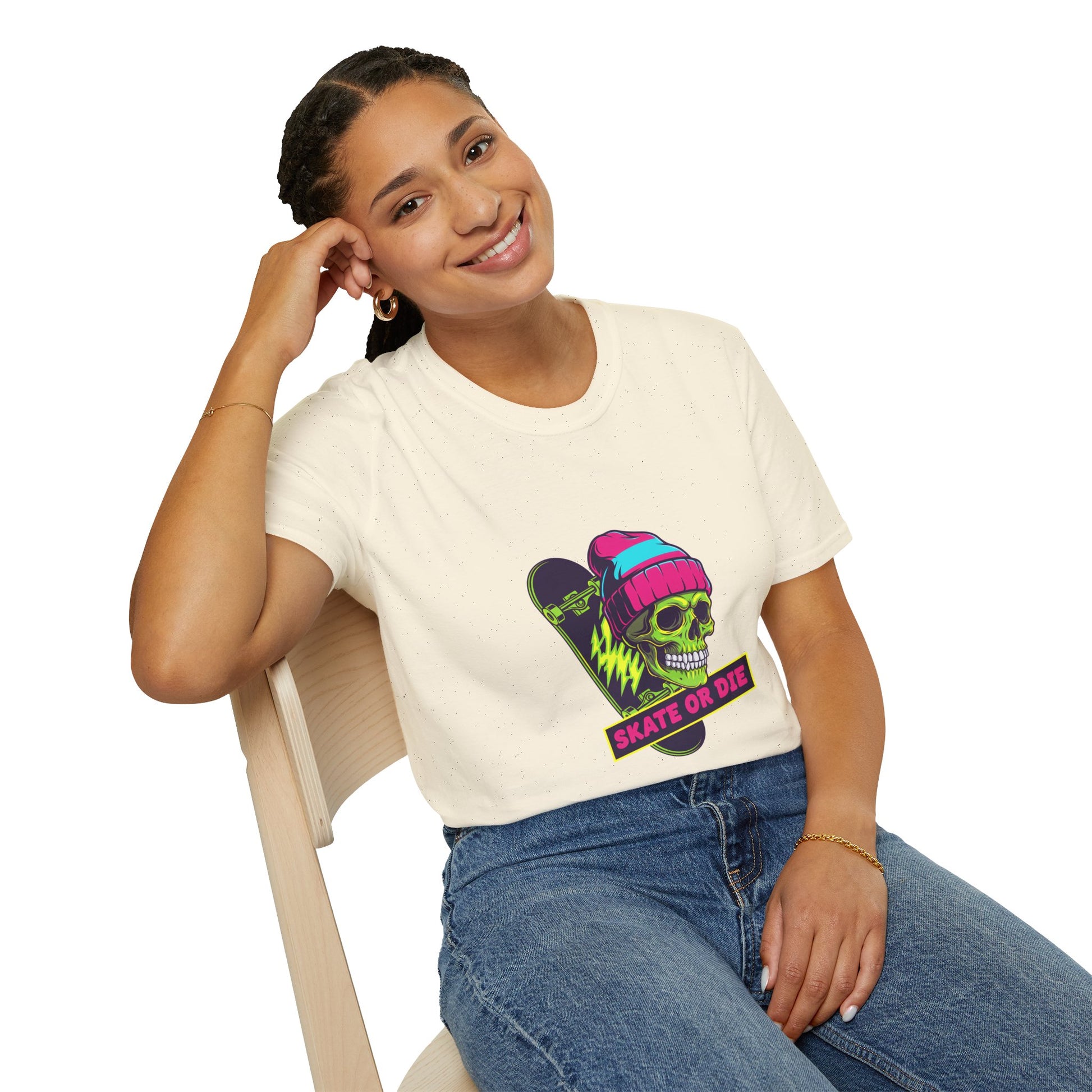 Skate or Die Skull T-Shirt — Neon Skateboard Graphic Tee Printify