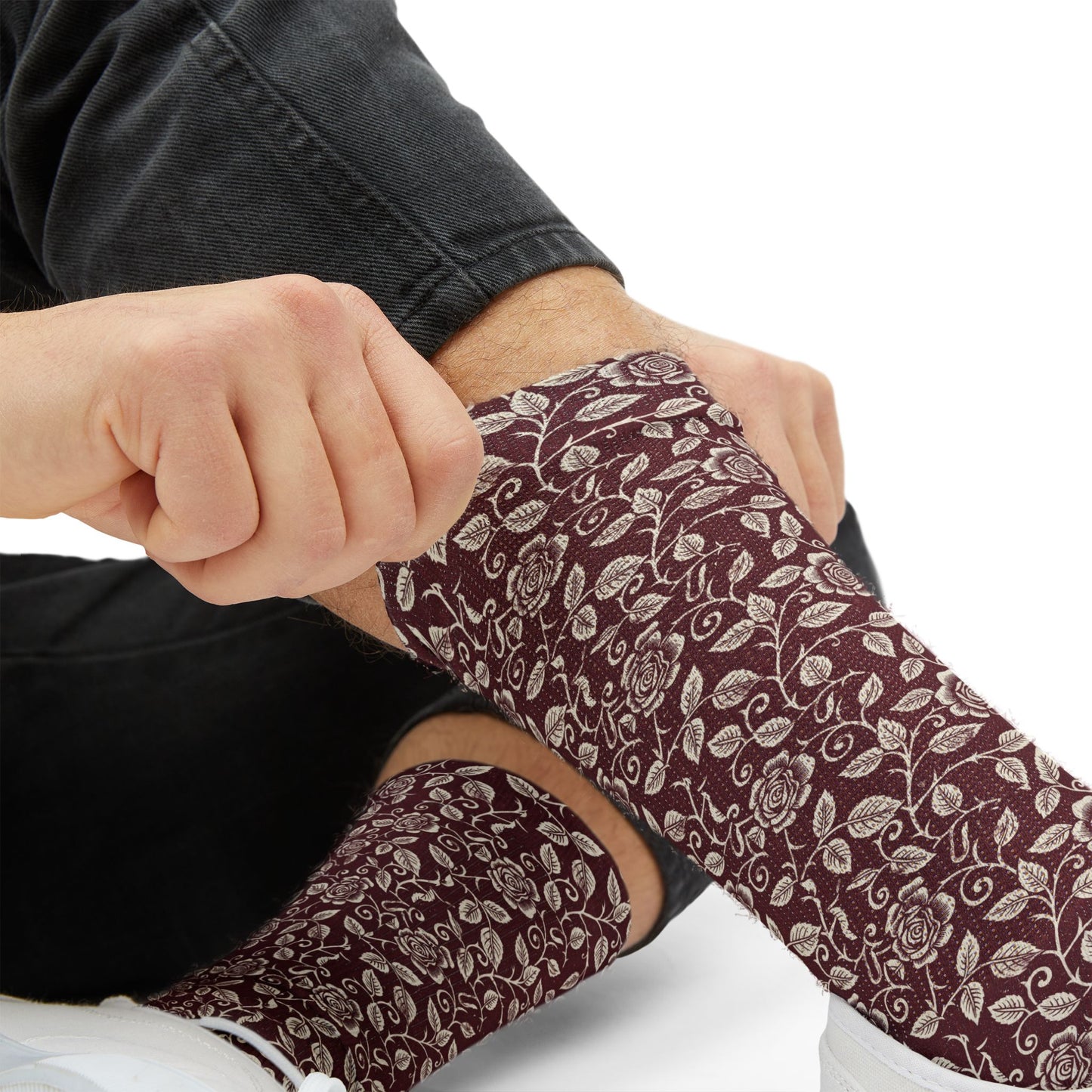 Vintage Floral Sublimation Socks — Burgundy Paisley Patterned Crew Socks Printify