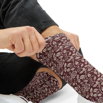 Vintage Floral Sublimation Socks — Burgundy Paisley Patterned Crew Socks Printify