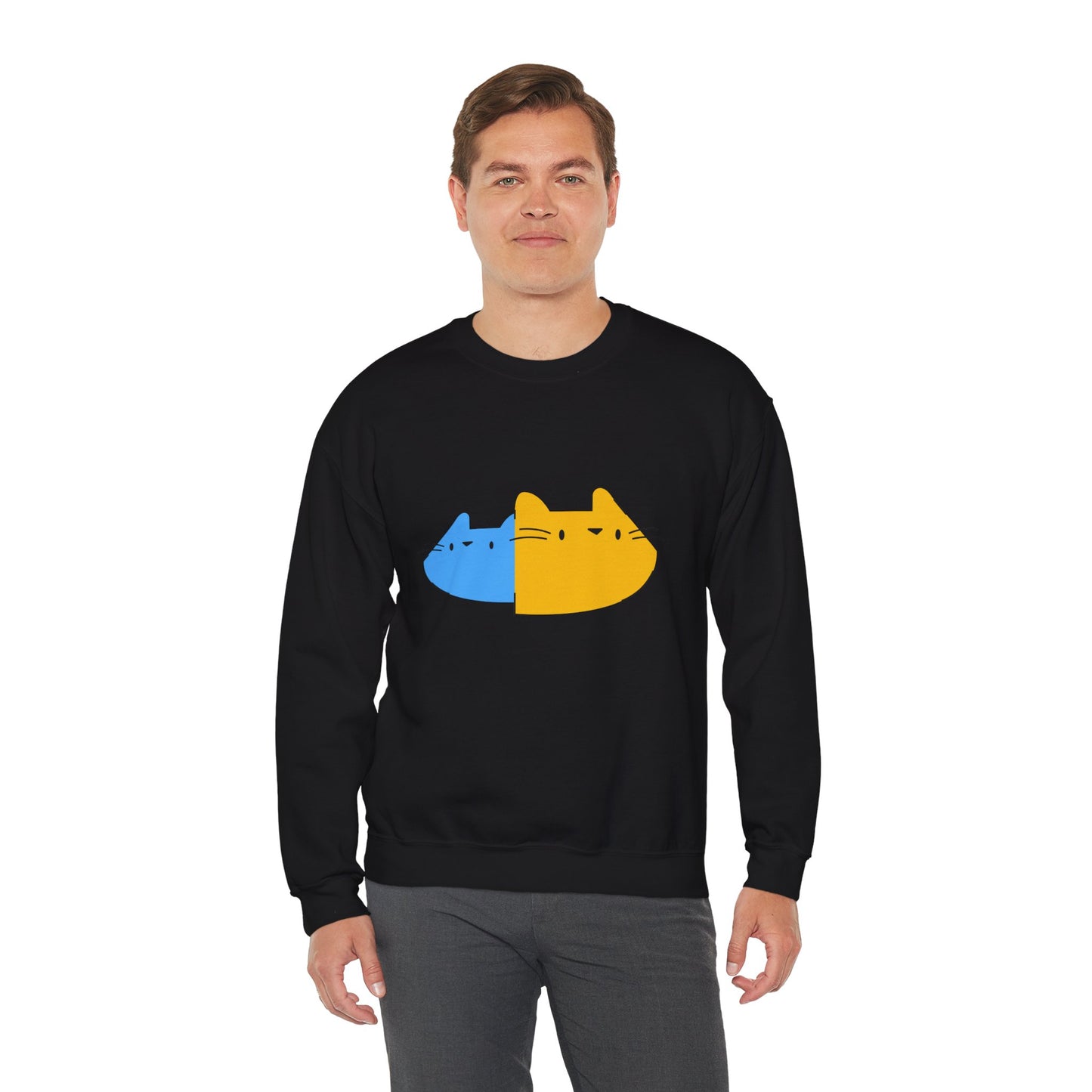 Cat Split Face Crewneck Sweatshirt – Cute Blue & Yellow Cat Graphic Printify