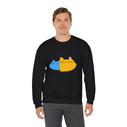 Cat Split Face Crewneck Sweatshirt – Cute Blue & Yellow Cat Graphic Printify