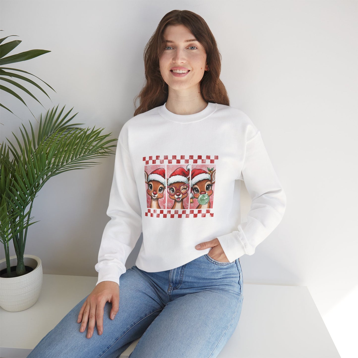 Christmas Reindeer Trio Crewneck Sweatshirt – Cute Santa Hat Holiday Sweater Printify