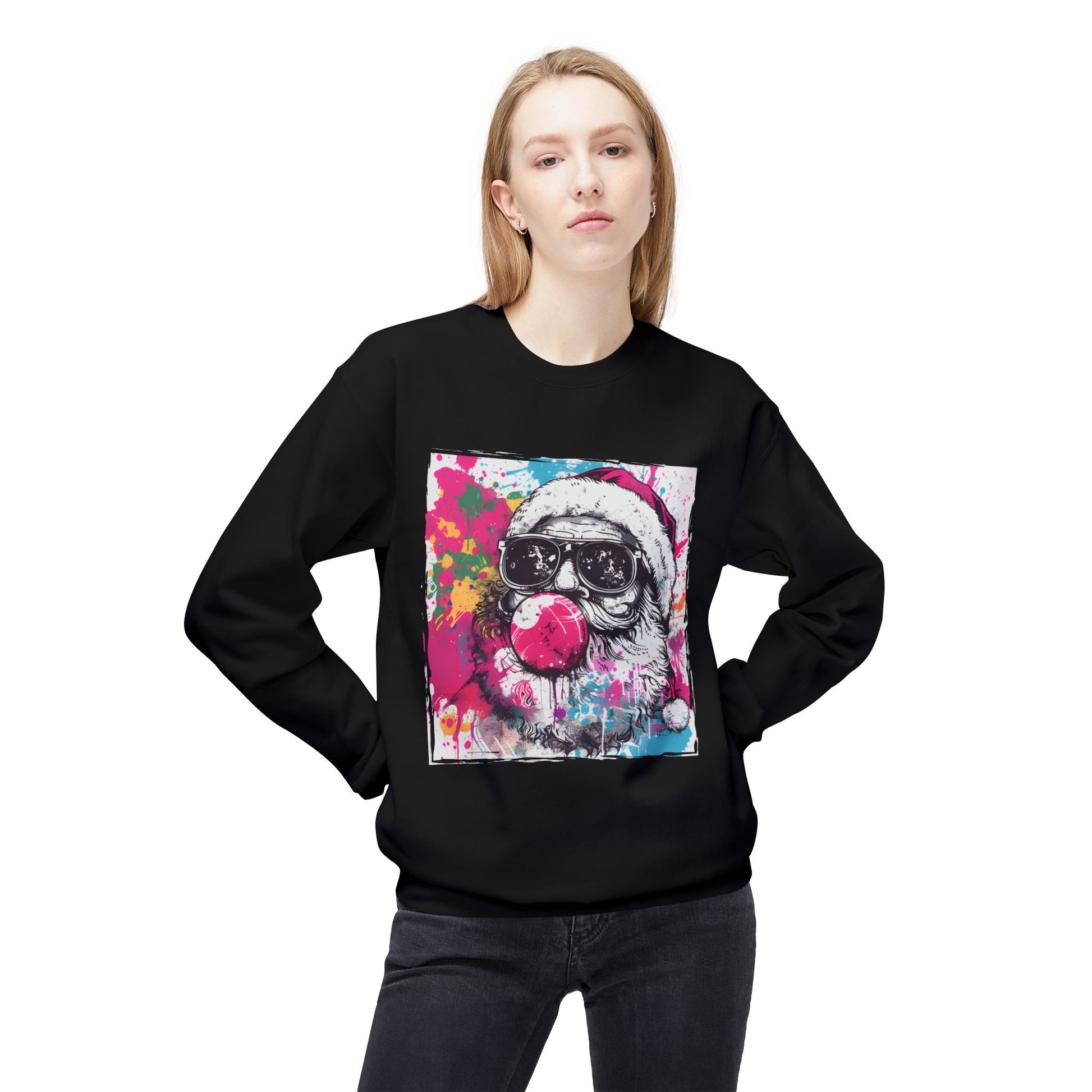 Skull Santa Bubblegum Sweatshirt – Colorful Holiday Graphic Crewneck Printify