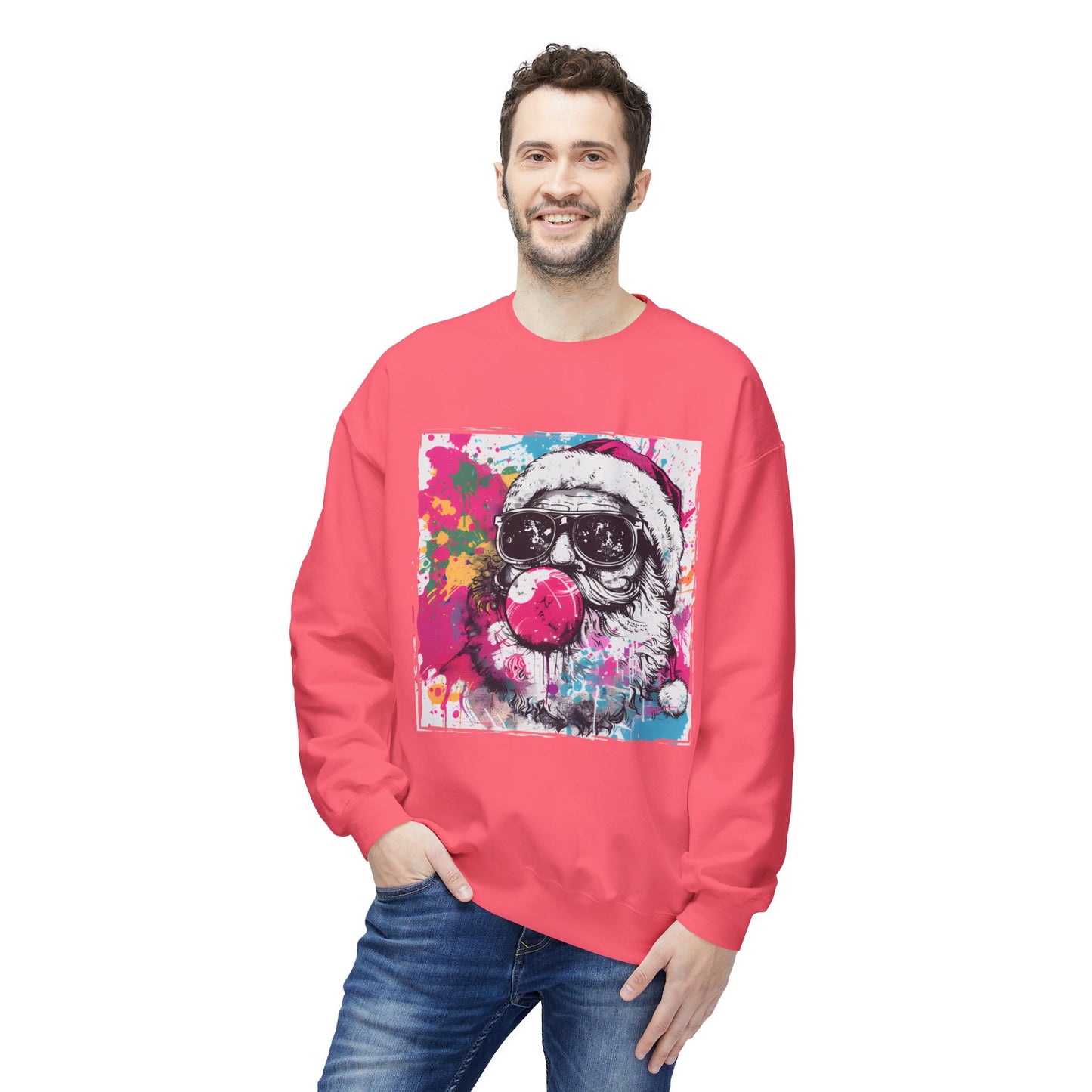 Skull Santa Bubblegum Sweatshirt – Colorful Holiday Graphic Crewneck Printify