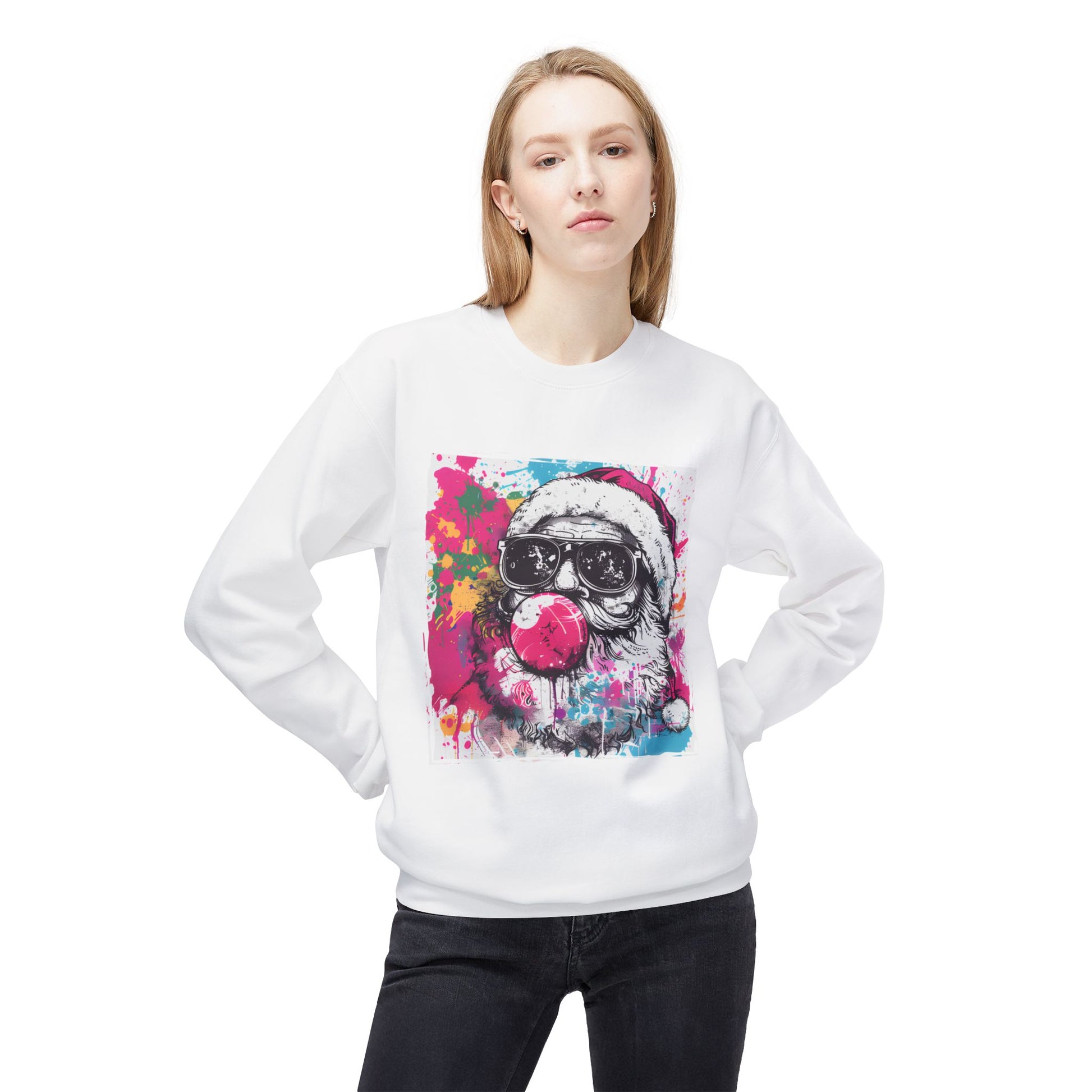 Skull Santa Bubblegum Sweatshirt – Colorful Holiday Graphic Crewneck Printify