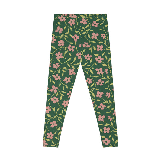 Floral Vines Leggings — Green Pink All-Over-Print Woman's Leggings Printify