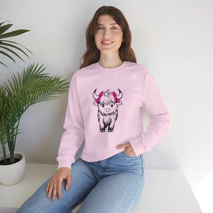 Highland Cow Crewneck Sweatshirt — Cute Yak Illustration with Pink Horns Printify