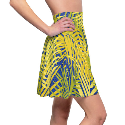 Tropical Palm Print Skater Skirt — Yellow & Navy AOP