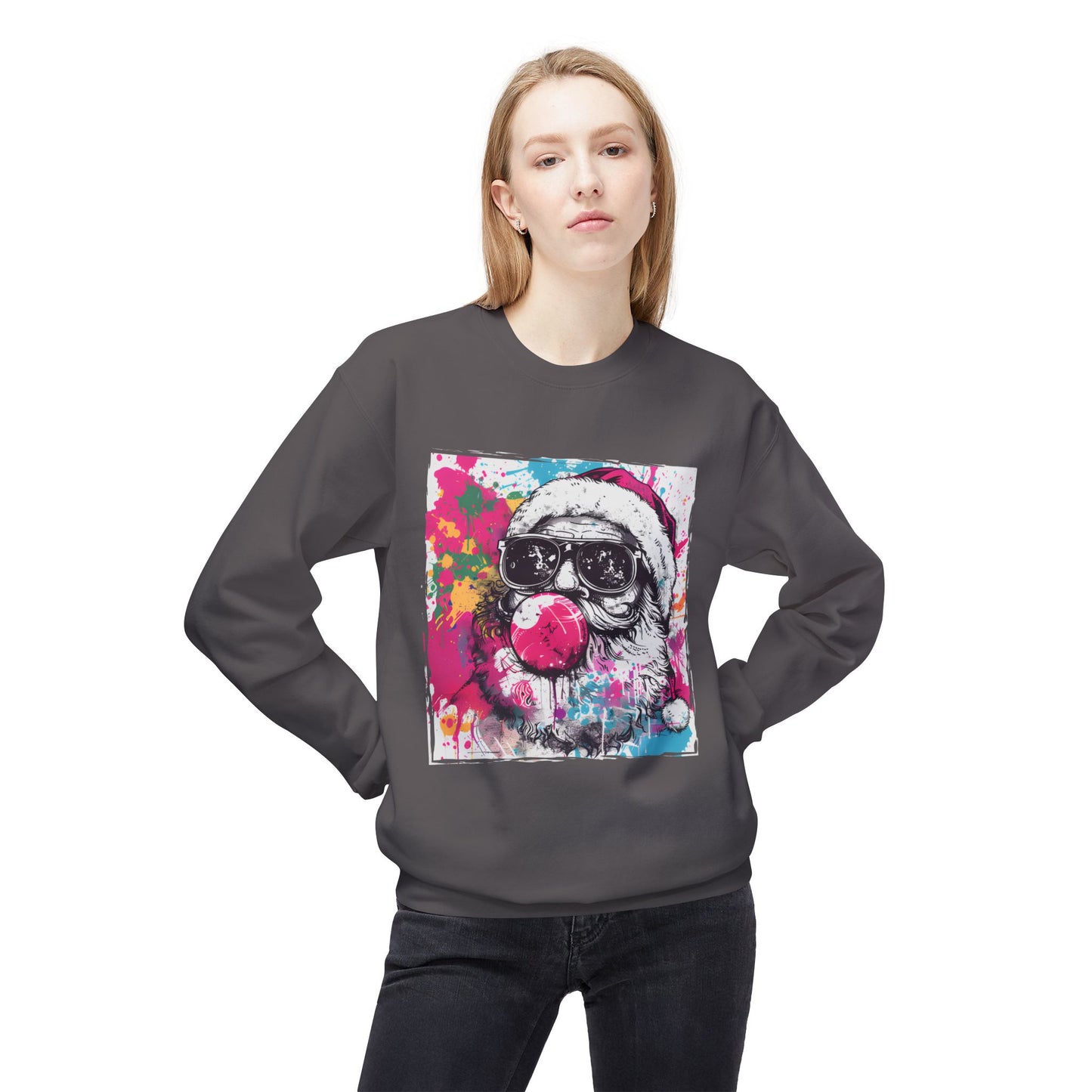 Skull Santa Bubblegum Sweatshirt – Colorful Holiday Graphic Crewneck Printify