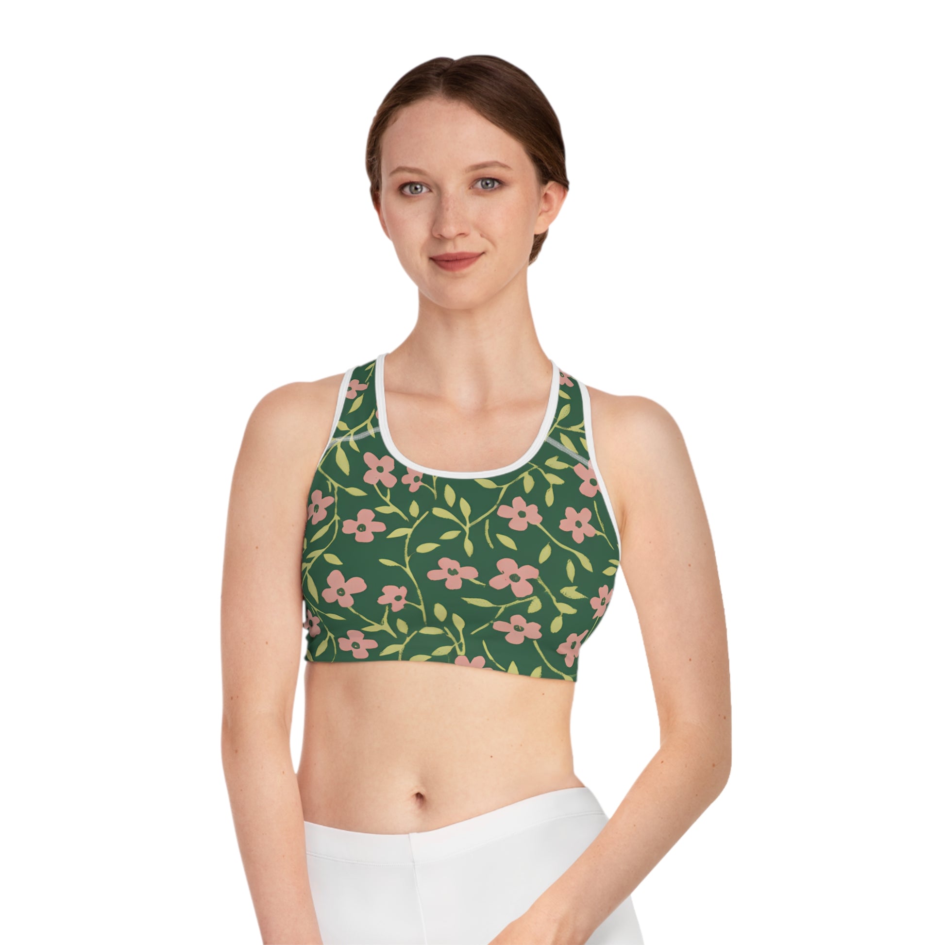 Floral Vine Sports Bra — Green Pink All-Over-Print Printify