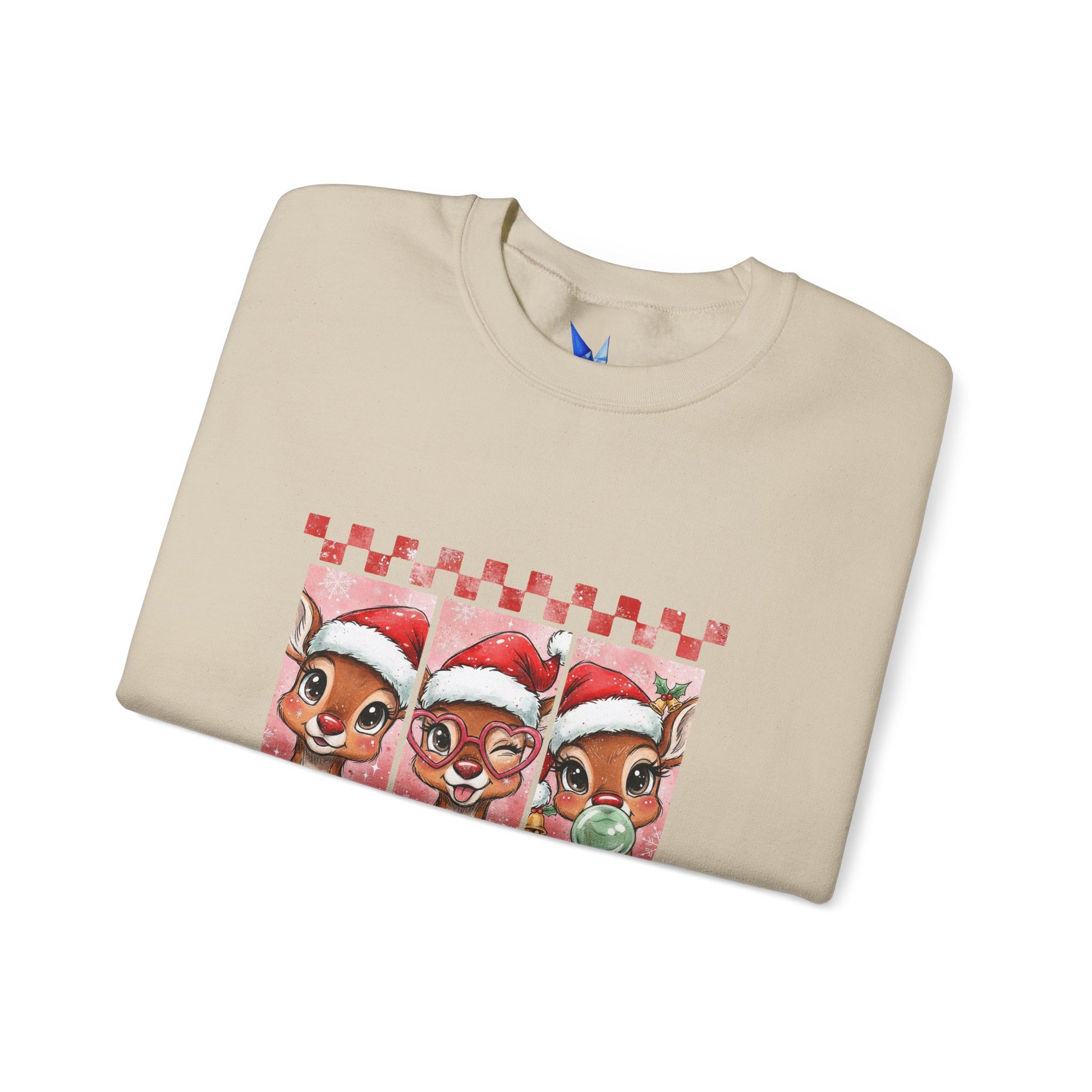 Christmas Reindeer Trio Crewneck Sweatshirt – Cute Santa Hat Holiday Sweater Printify