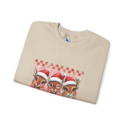 Christmas Reindeer Trio Crewneck Sweatshirt – Cute Santa Hat Holiday Sweater Printify