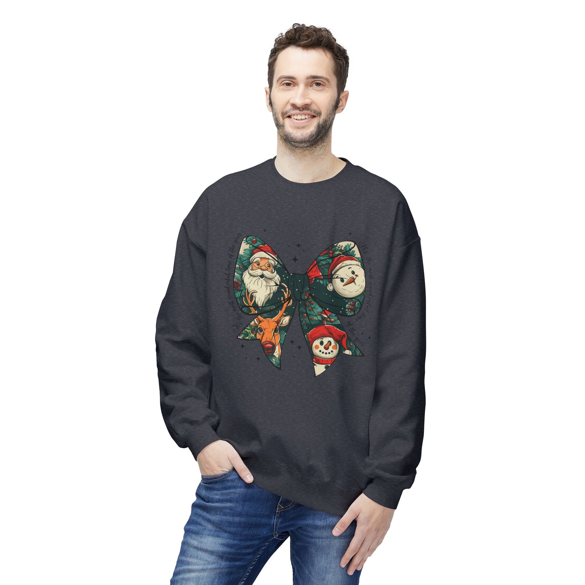 Christmas Bow Sweatshirt — Vintage Santa & Snowman Holiday Crewneck Printify