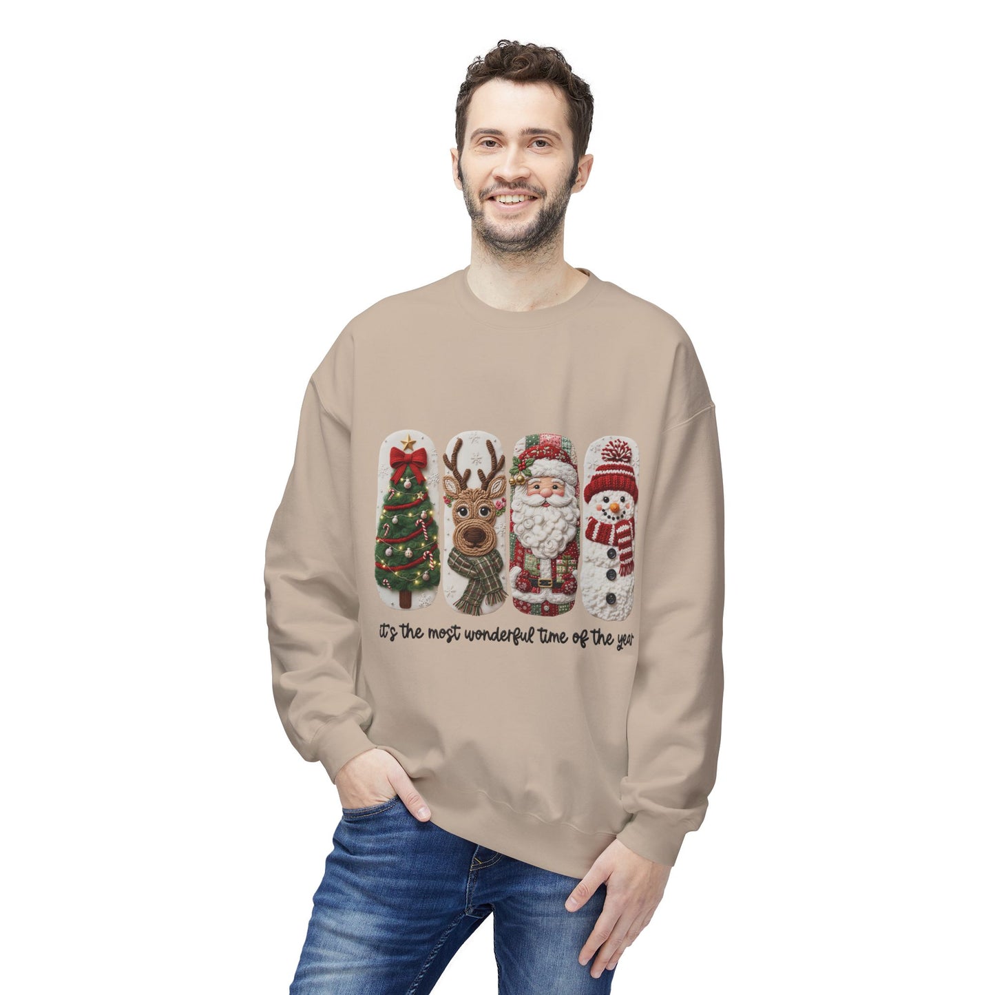 Christmas Crewneck Sweatshirt — Festive Tree Reindeer Santa Snowman Design Printify