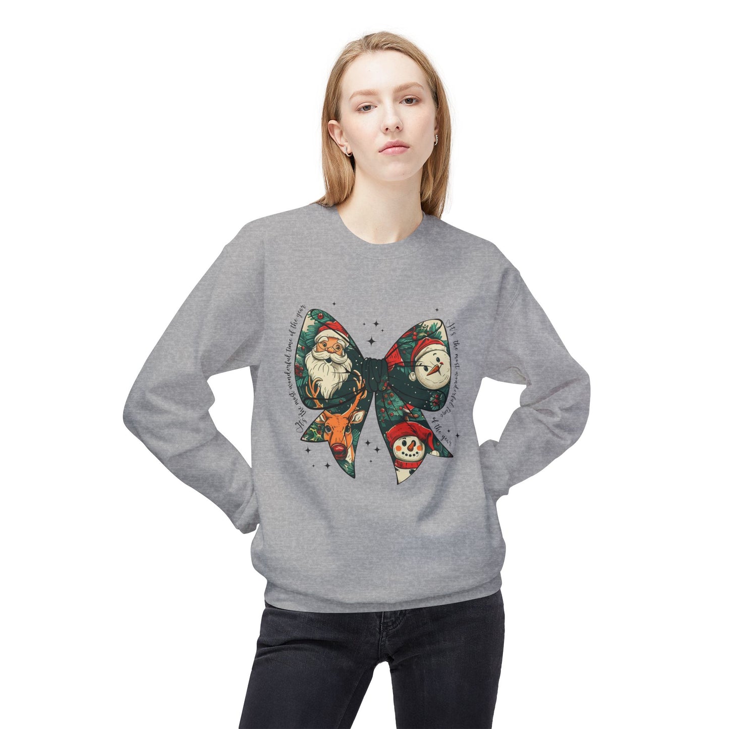 Christmas Bow Sweatshirt — Vintage Santa & Snowman Holiday Crewneck Printify