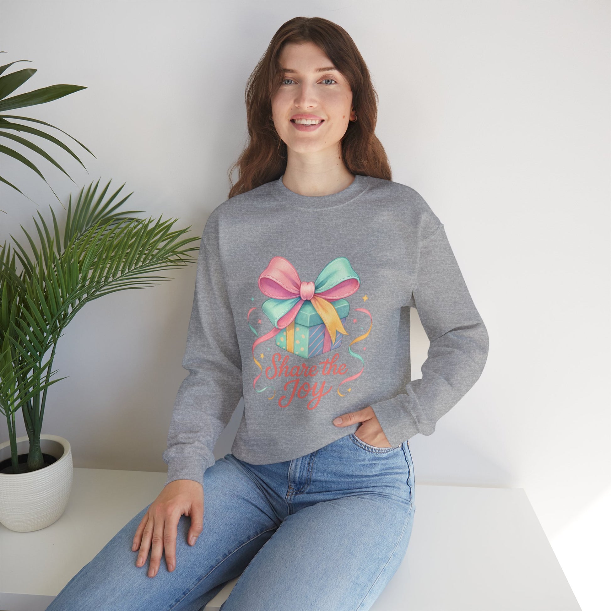 Crewneck Sweatshirt — 'Share the Joy' Pastel Gift Graphic Printify