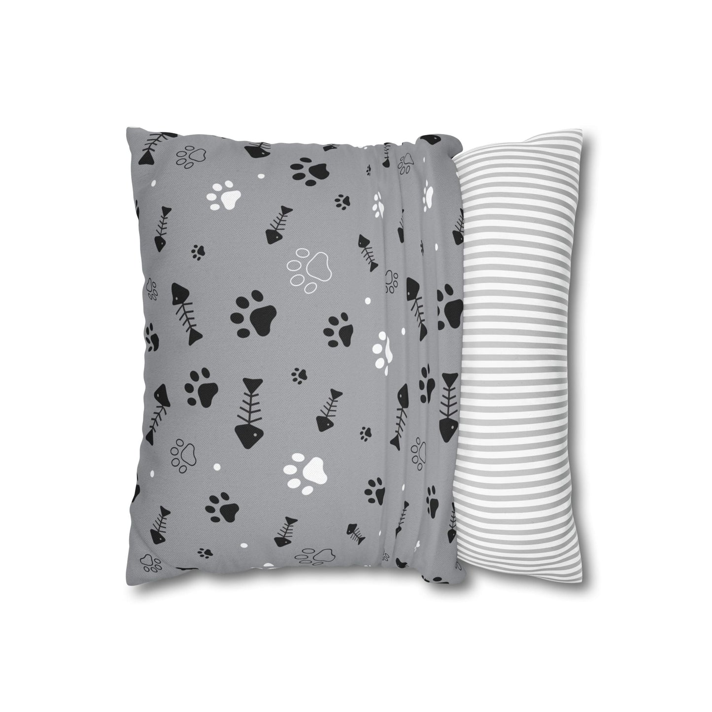 Cat Paw Print Decorative Pillowcase — Grey Fishbone & Paw Pattern Cushion Cover Printify