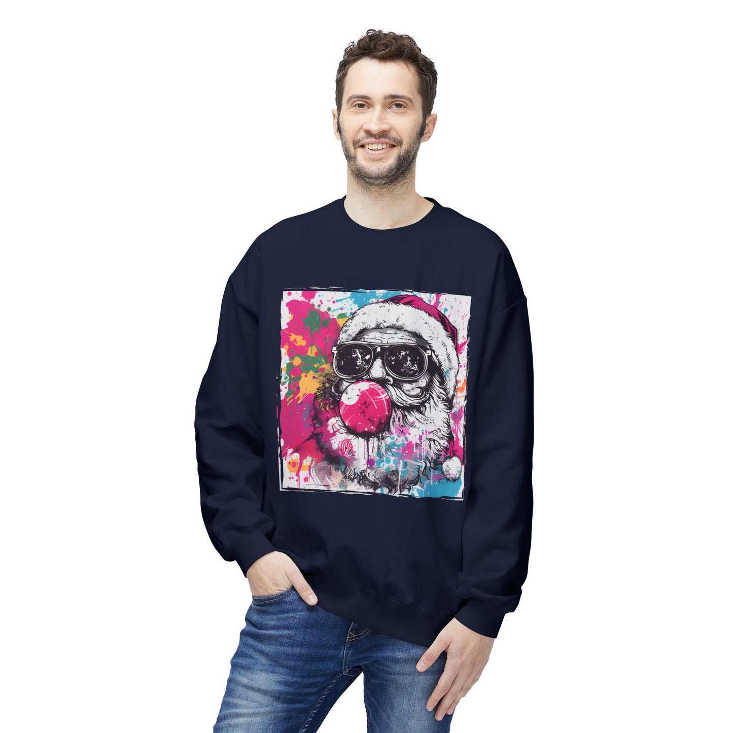 Skull Santa Bubblegum Sweatshirt – Colorful Holiday Graphic Crewneck Printify