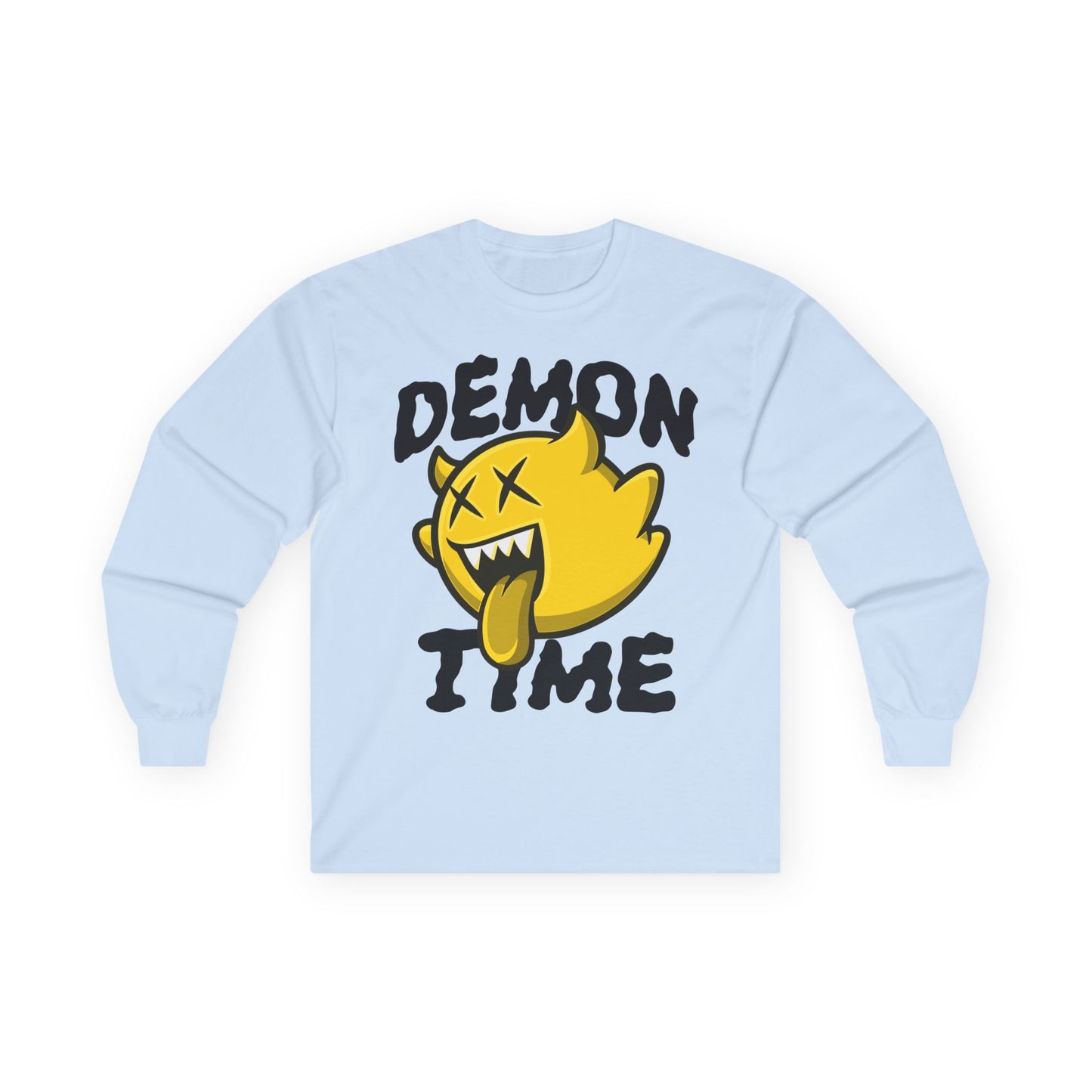 Long Sleeve Tee — "Demon Time" Yellow Cartoon Demon Graphic T-shirt Printify