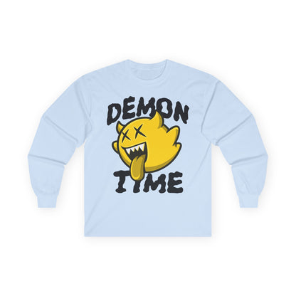 Long Sleeve Tee — "Demon Time" Yellow Cartoon Demon Graphic T-shirt Printify