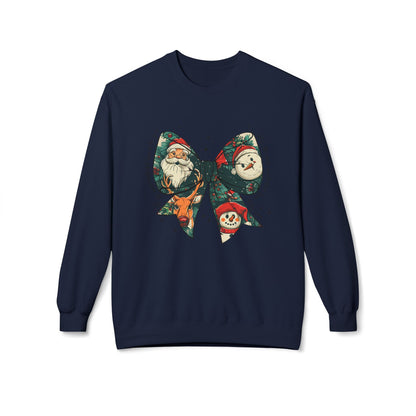 Christmas Bow Sweatshirt — Vintage Santa & Snowman Holiday Crewneck Printify
