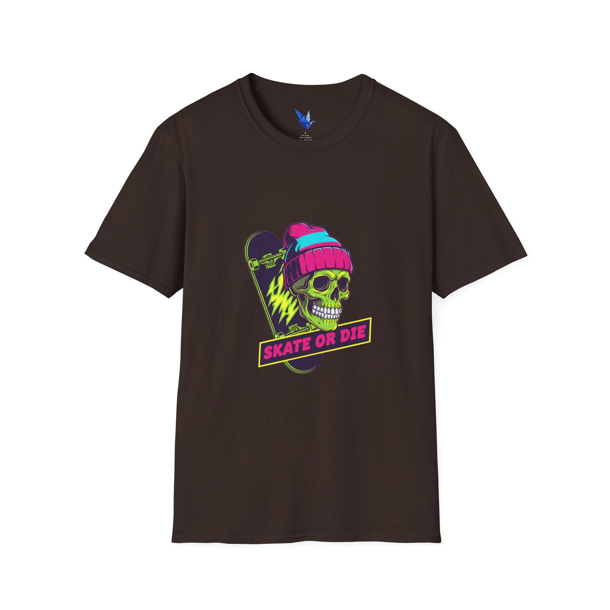 Skate or Die Skull T-Shirt — Neon Skateboard Graphic Tee Printify