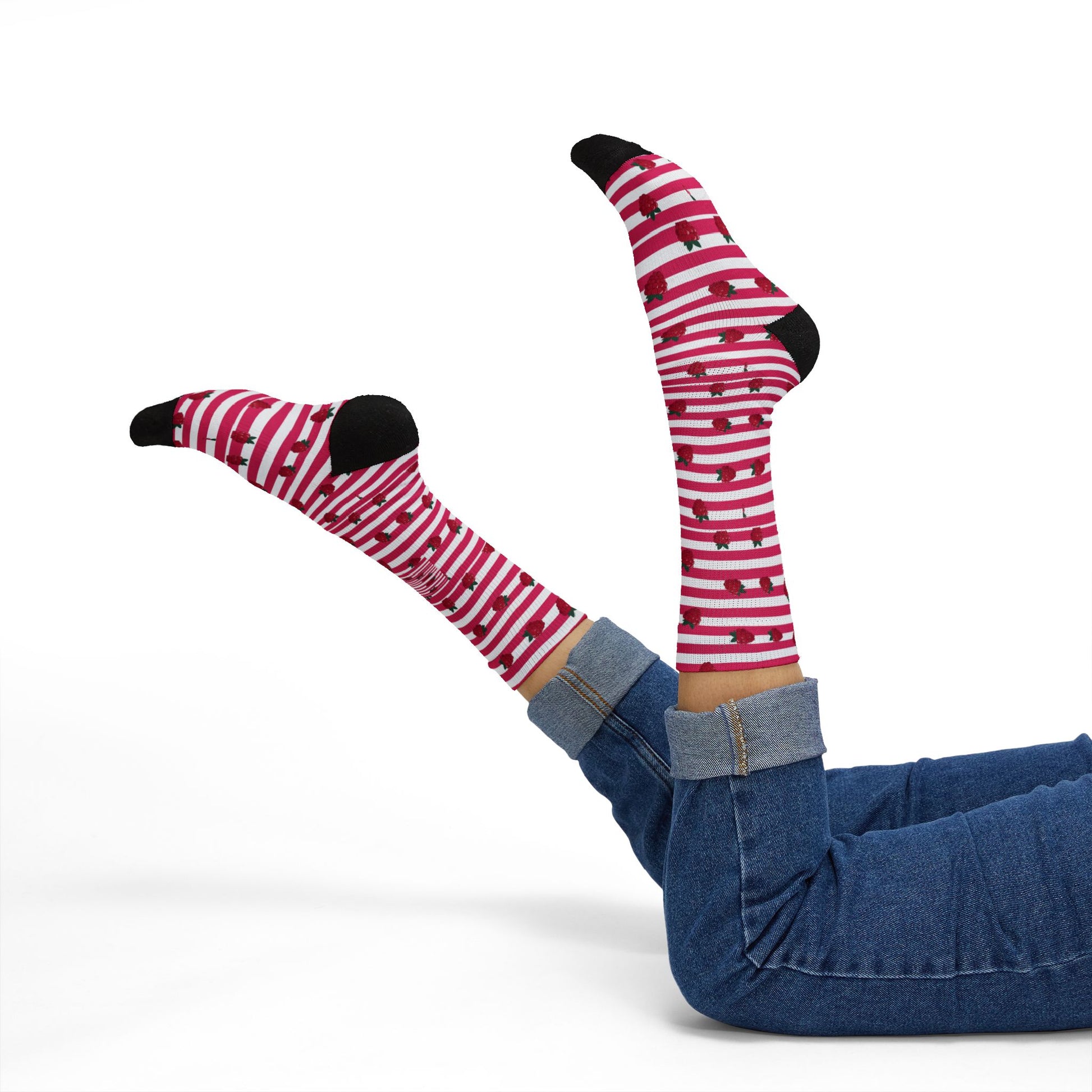 Heart Stripe Socks — Pink Valentine Sublimation Crew Socks Printify