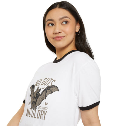 Bat Hunter Ringer Tee — "No Guts No Glory" Vintage Graphic T-Shirt Printify