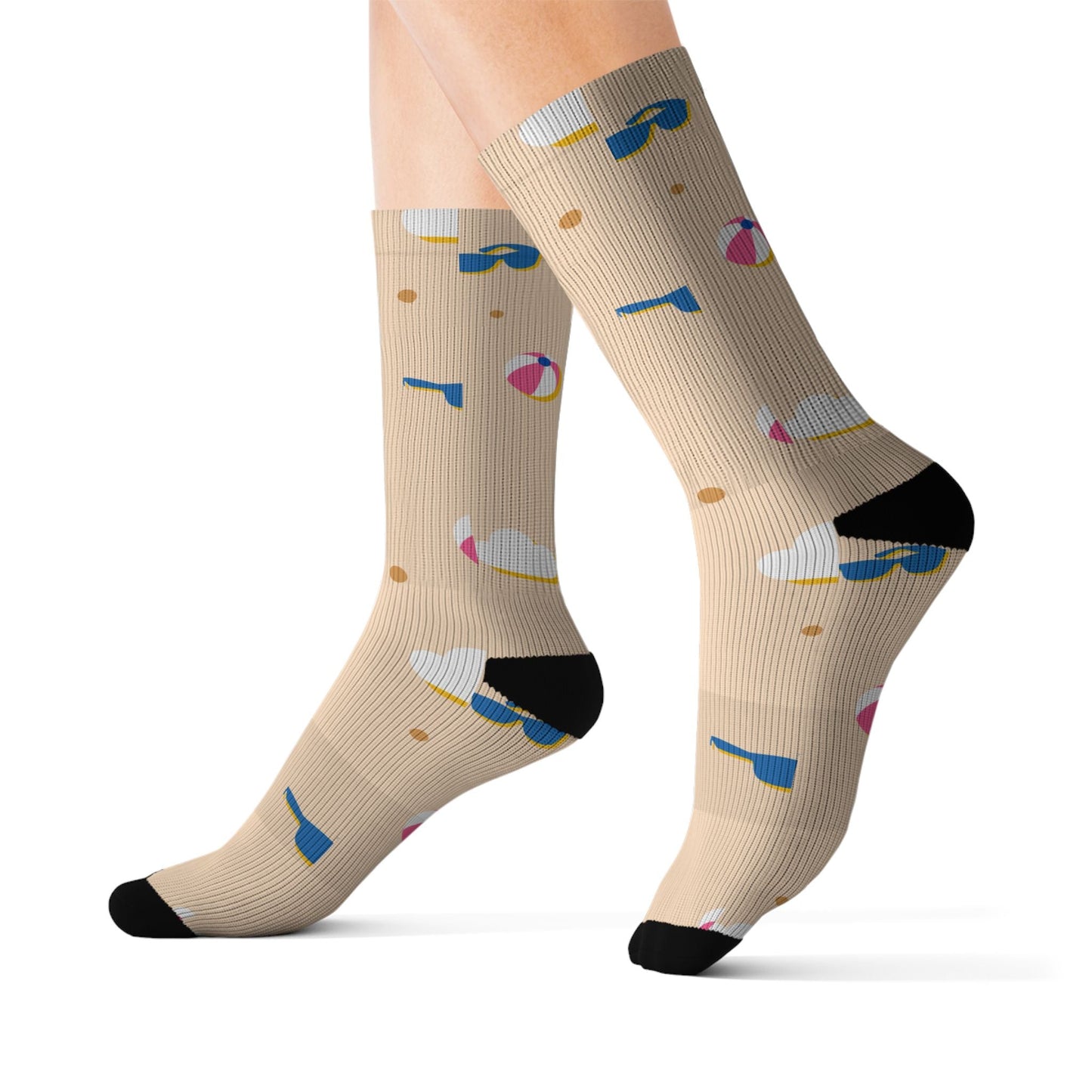 Beach Day Sublimation Socks — Sand, Sunglasses & Beach Ball Pattern Printify