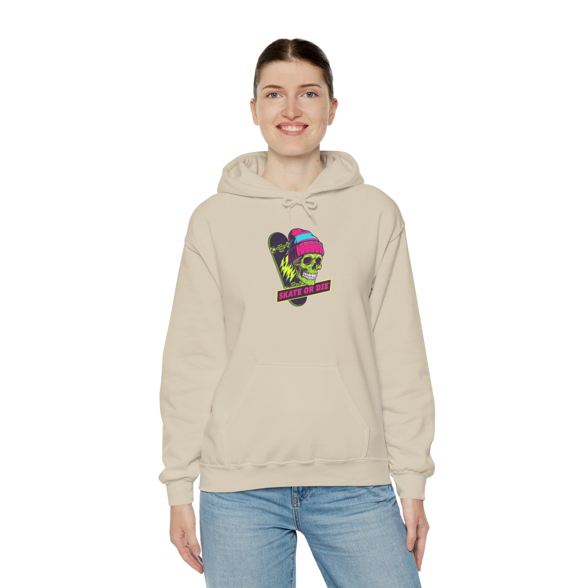Skate or Die Skull Skateboard Hoodie — Neon Retro Skull Beanie Design Printify