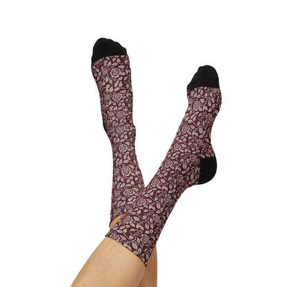 Vintage Floral Sublimation Socks — Burgundy Paisley Patterned Crew Socks Printify