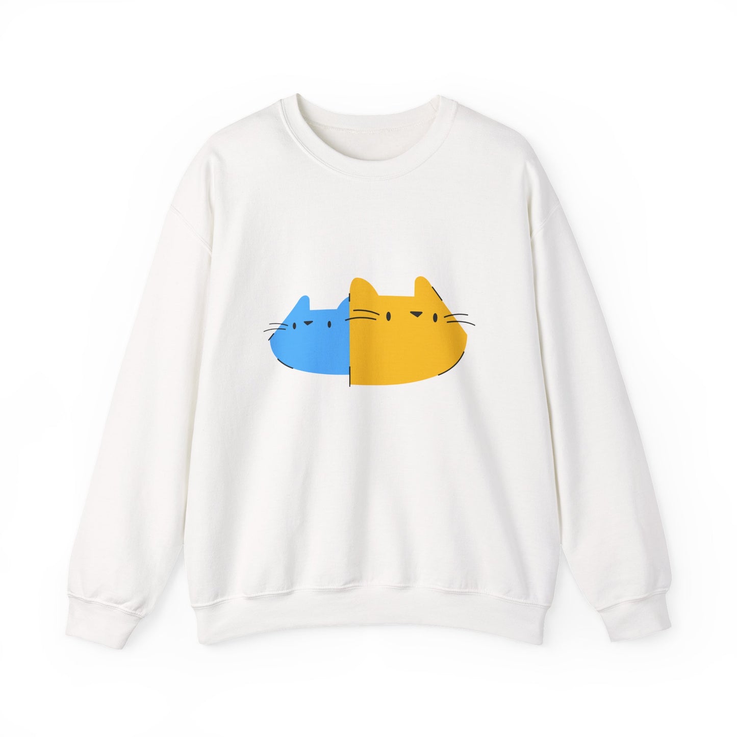 Cat Split Face Crewneck Sweatshirt – Cute Blue & Yellow Cat Graphic Printify