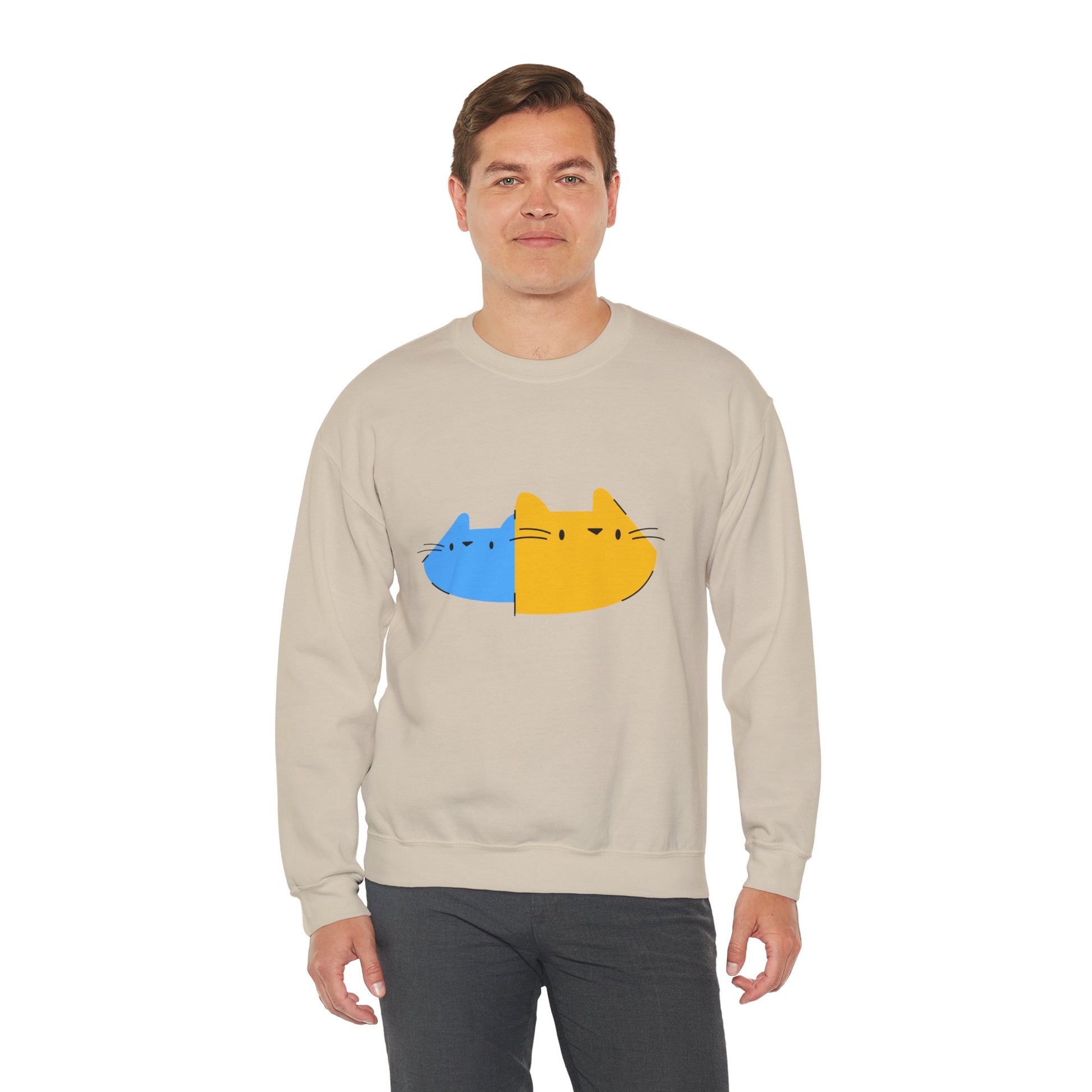 Cat Split Face Crewneck Sweatshirt – Cute Blue & Yellow Cat Graphic Printify