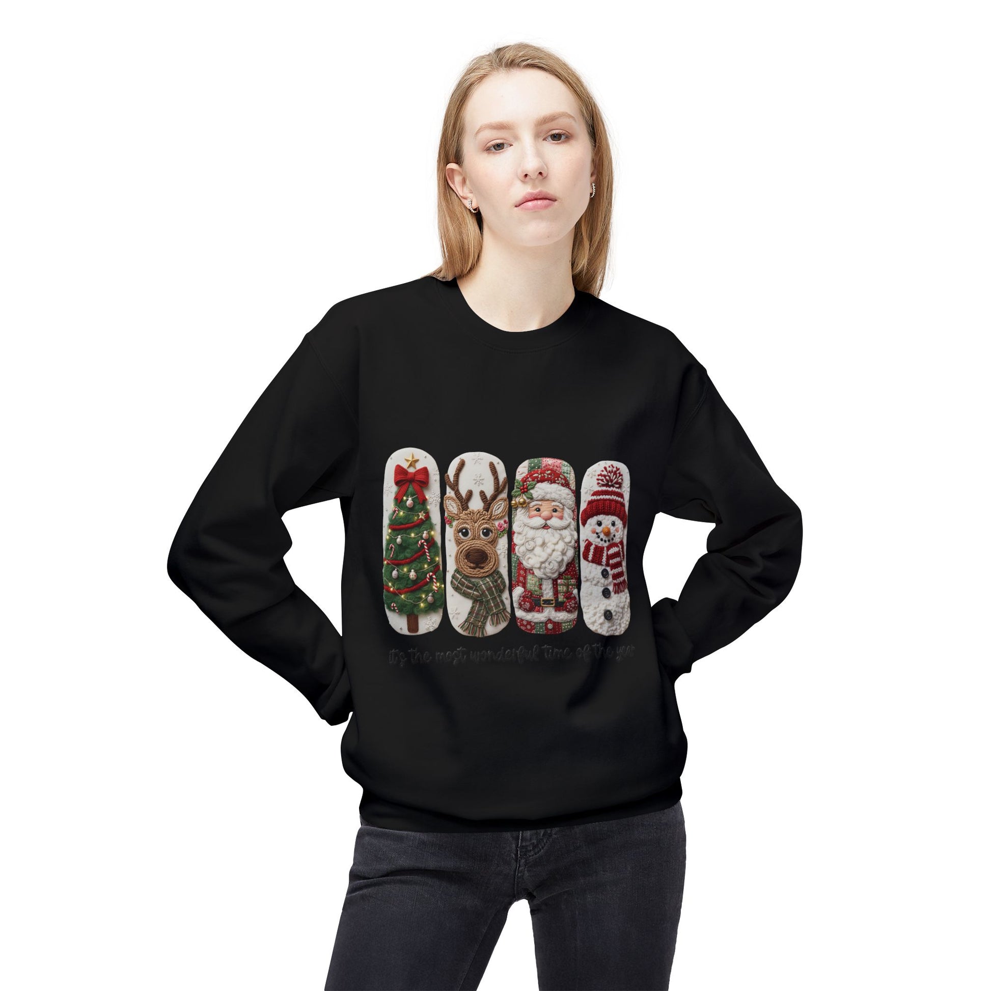 Christmas Crewneck Sweatshirt — Festive Tree Reindeer Santa Snowman Design Printify
