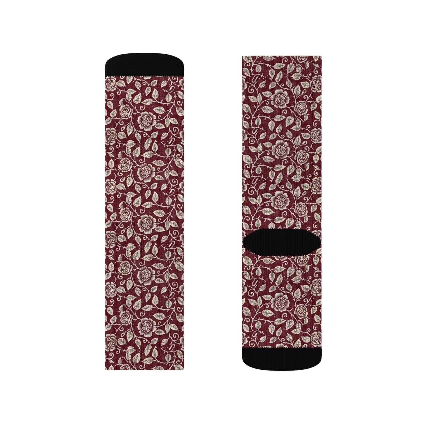 Vintage Floral Sublimation Socks — Burgundy Paisley Patterned Crew Socks Printify
